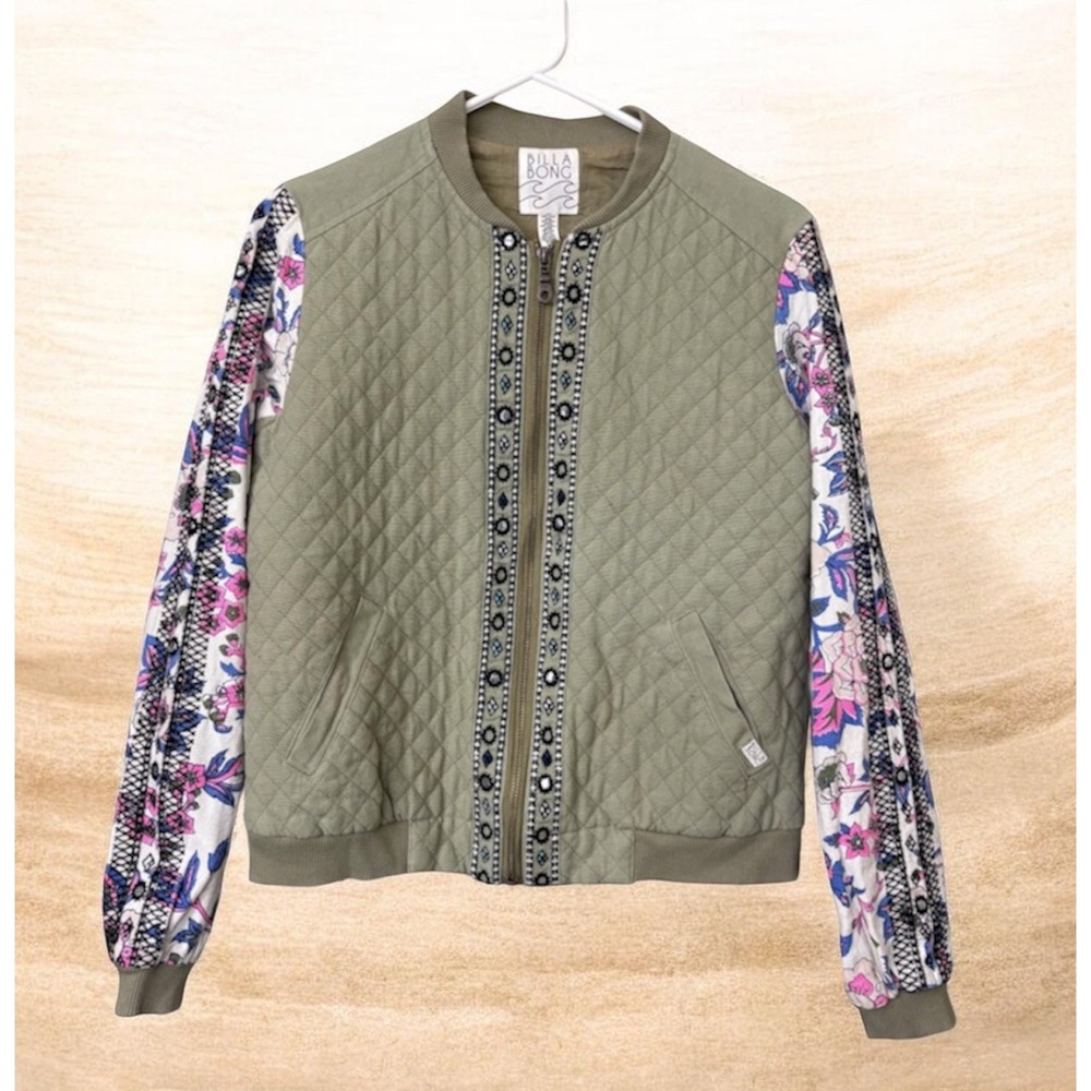 Billabong Quilted Floral Bomber Jacket Olive Green & Pink Boho Women's Size M